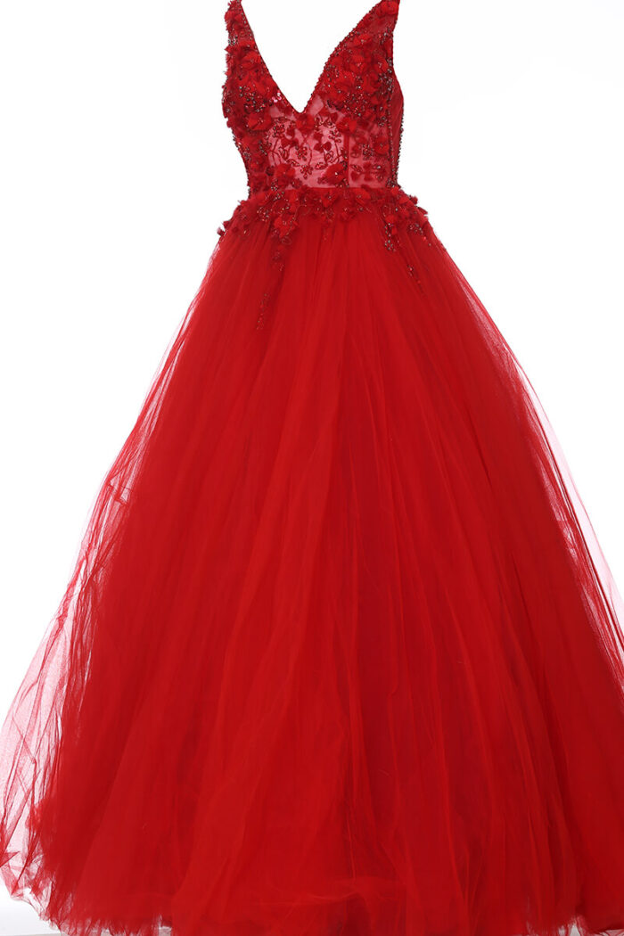 Jovani 3110 red ballgown with floral embroidery, no model.