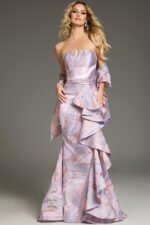 Model front view of Jovani 31137 pink mermaid dress with intricate pattern