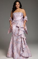 Elegant strapless gown with textured pastel fabric and cascading ruffle detail.