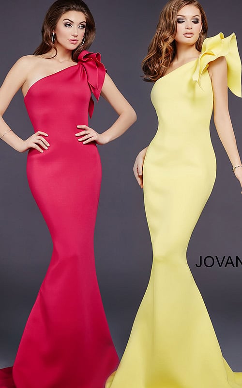 Models wearing Jovani 32602 in fuchsia and yellow, showing front design
