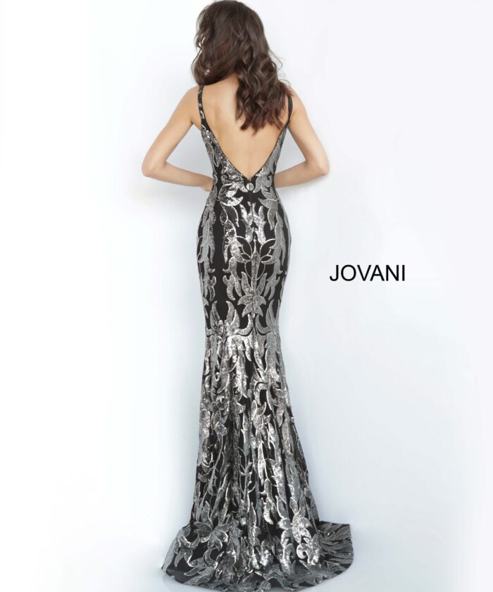 model wearing Jovani 3263 dress in black gunmetal back view