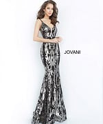 Model in Jovani 3263 black gunmetal gown displaying sequined design