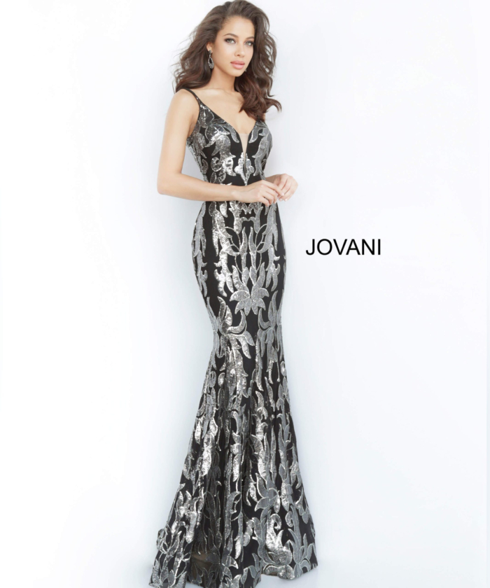 Model in Jovani 3263 black gunmetal gown displaying sequined design