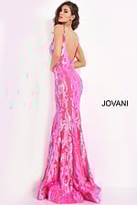 Model in Jovani 3263 hot pink gown with floral motifs