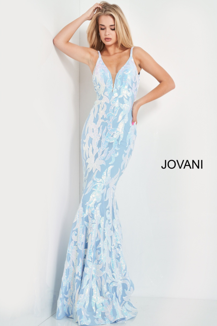 Model wearing Jovani 3263 light blue gown highlighting intricate sequins