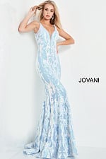 Model posing in Jovani 3263 light blue gown with delicate sequin details