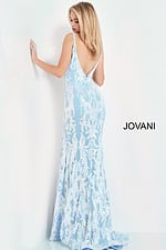 Back view of Jovani 3263 light blue mermaid gown showing the V-back design
