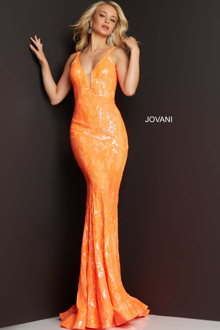model wearing Jovani 3263 dress in orange front view full length