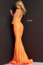 model wearing Jovani 3263 dress in orange back view