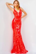 model wearing Jovani 3263 dress in red front view