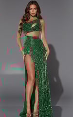 green one shoulder high slit dress 34011