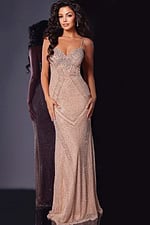 Model wearing Jovani 34312 nude gown with fitted silhouette and sweetheart neckline, front view.