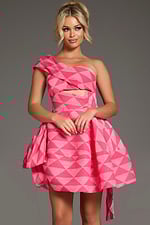 Model wearing Jovani 34404 pink dress front view