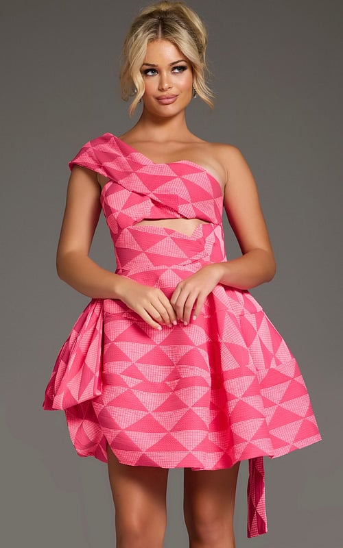 Model wearing Jovani 34404 pink dress front view