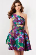 Front perspective of Jovani 34408, showcasing the floral print and asymmetrical design.