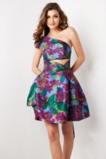 Front view of Jovani 34408 floral dress with asymmetrical neckline and cut-out detailing.