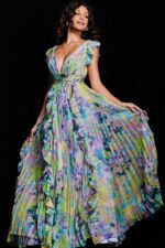 Model wearing Jovani 34412 print dress with flutter sleeves and V-neckline, front view
