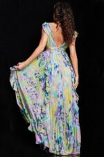 Back view of Jovani 34412 dress, showcasing V-back and flowing silhouette in print design
