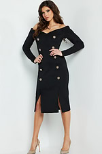 Model showcasing Jovani 3570 black dress, off-the-shoulder style.
