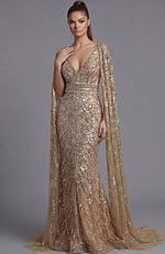 Front view of a beaded column gown with deep V neckline and draped cape sleeves