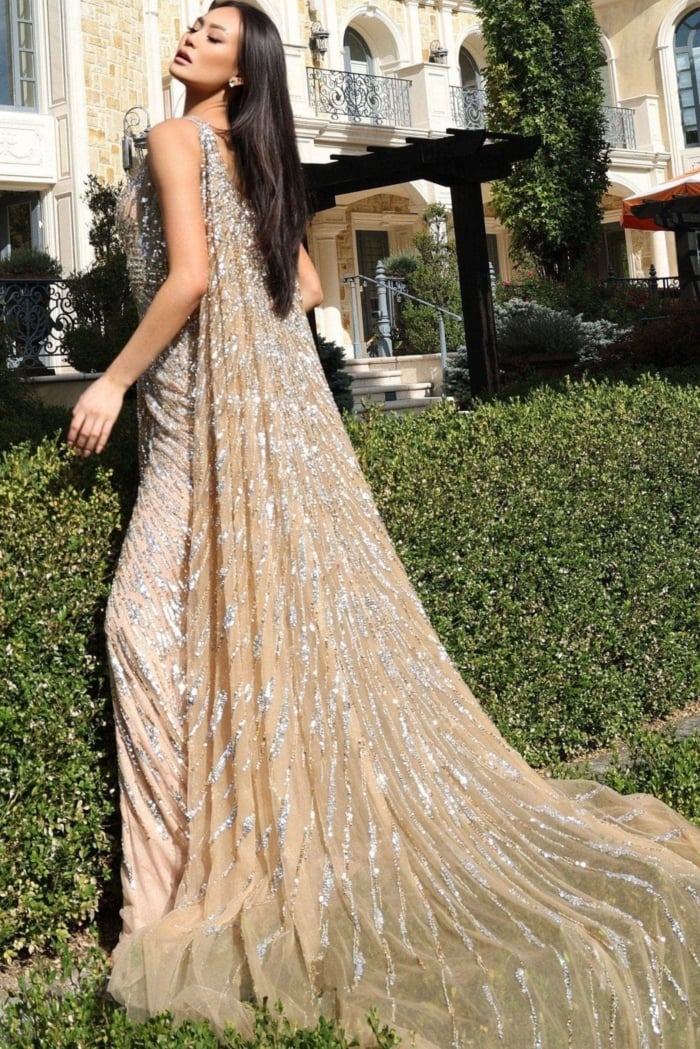 Beaded Column Gown With Draped Cape Sleeves 36358