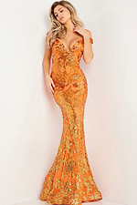 Model wearing Jovani 36370 orange off-the-shoulder sequin mermaid gown front view