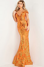 Model wearing Jovani 36370 orange off-the-shoulder sequin mermaid gown front view