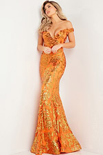 Model wearing Jovani 36370 orange off-the-shoulder sequin mermaid gown front view