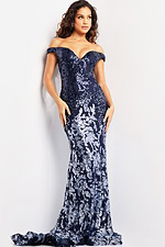 Model wearing Jovani 36370 navy off-the-shoulder sequin mermaid gown front view