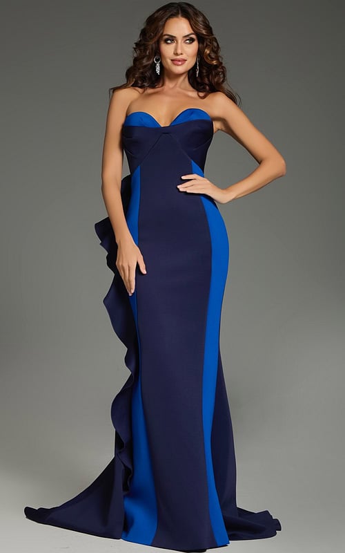 Model wearing Jovani 36372 navy floor-length gown with sweetheart neckline.