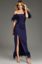 Model showcasing Jovani 36375 navy gown with elegant feather accents