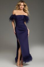 Model wearing Jovani 36375 navy off-the-shoulder dress with feather details
