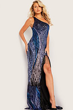 Model in Jovani 36377 dress with asymmetric neckline and sequins, front view with high slit