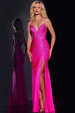 Model wearing Jovani 36403 pink dress with V-neckline and high slit from the front.