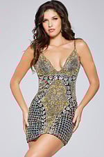 Model wearing Jovani 36425 black sequin cocktail dress, front view.