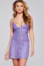 Model wearing Jovani 36425 purple sequin cocktail dress, front view full length.
