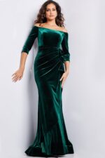 model wearing 36458 full-length green velvet dress with side ruching and off-the-shoulder neckline