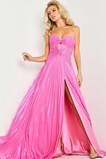 Model wearing Jovani 36461 pink dress with sweetheart neckline and high slit