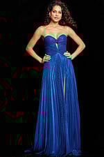 Model wearing Jovani 36461 royal dress, full frontal with keyhole detail
