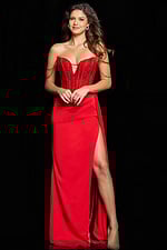 Model posing in Jovani 36538 red gown showcasing fitted silhouette and sweetheart neckline.