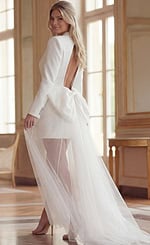 Open Back Jacket Dress With Oversized Bow And Flowing Sheer Train