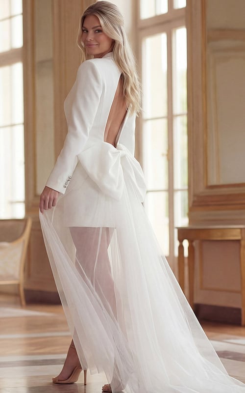 Open Back Jacket Dress With Oversized Bow And Flowing Sheer Train