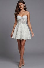 Front view of strapless embellished bodice dress with sculpted waist and full skirt