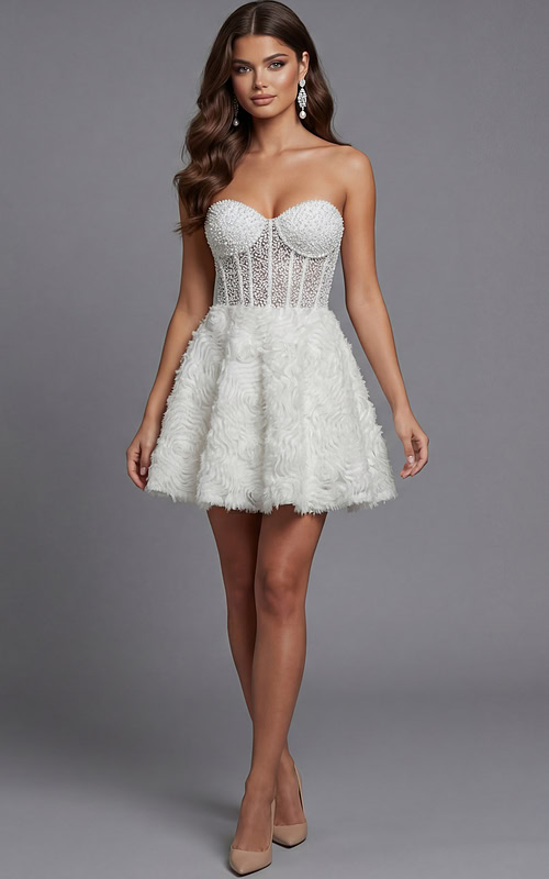 Front view of strapless embellished bodice dress with sculpted waist and full skirt