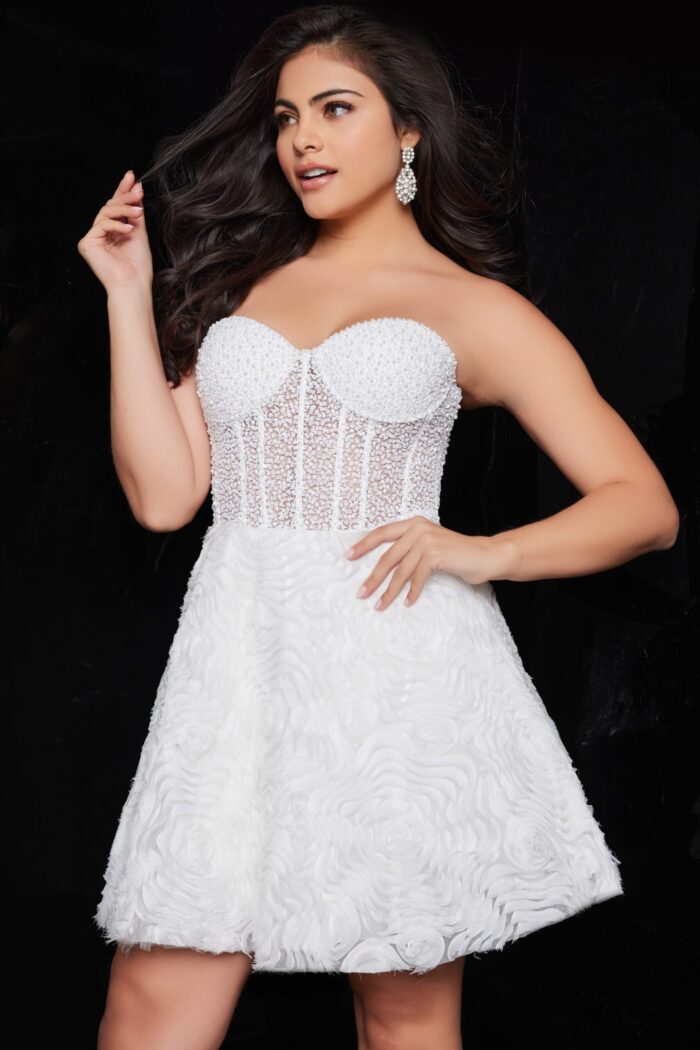 Model in Jovani 36578 white dress, front view emphasizing floral skirt design.