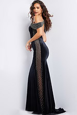 Back view of Jovani 36587 black gown with shimmering side details and floor-length elegance
