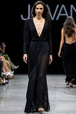 runway model wearing Jovani 36595 black evening gown