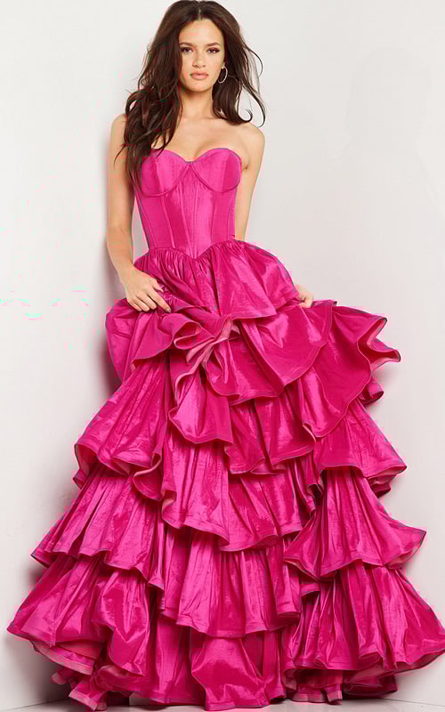 Model wearing Jovani 36619 fuchsia ball gown, back view.