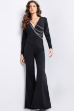 model in Jovani 36624 black jumpsuit showcasing full front view