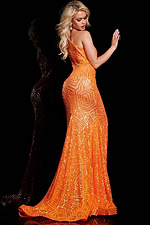 model wearing Jovani 36640 orange gown with sequin detail back view